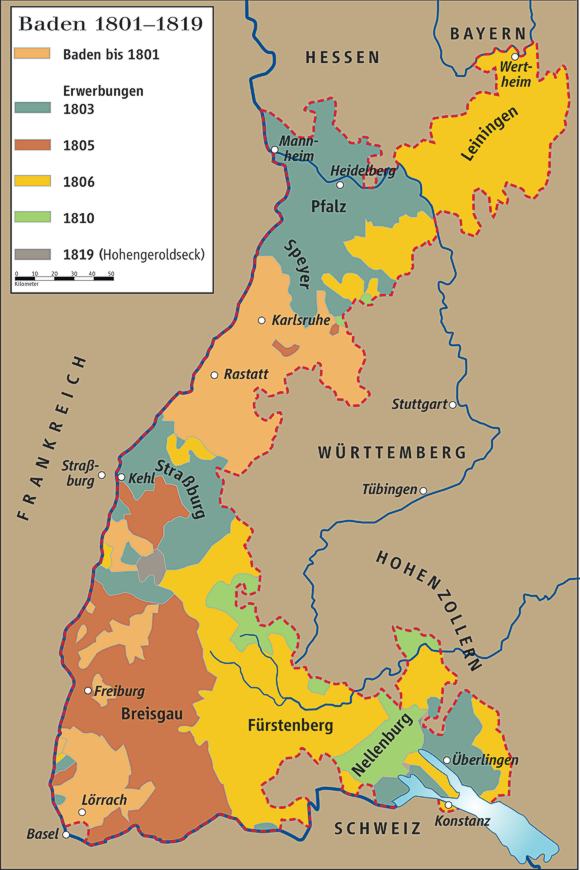 Erwerbungen Badens 1802 - 1819. Karte: Wikimedia Commons/ziegelbrenner CCA-SA 3.0