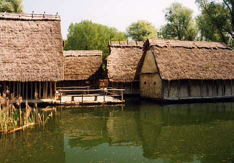 Pfahlbaumuseum Unteruhldingen - Blick von vorn in die Häusergruppe.