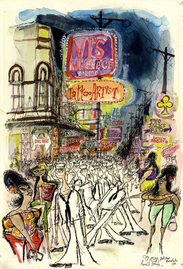 Ronald Searle, &laquo; Hamburg, St pauli im Morgengrauen &raquo;, 1967. Tuschelavis auf dickem Papier. Collection Mus&eacute;e Tomi Ungerer - Centre international de l'Illustration &copy; Copyright the estate of Ronald Searle. Photo : Mus&eacute;es de la Ville de Strasbourg 
