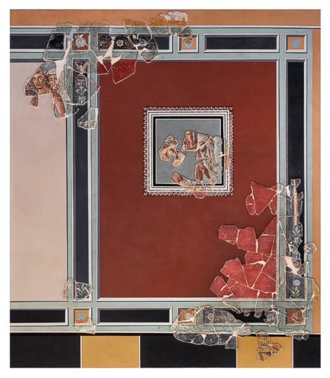 Strasbourg, place Kl&eacute;ber, Ensemble 1 : Wandmalerei - Dionysos und sein Thiasos und Feld mit Herkules und Hippolytos. Oben: Detail mit Dionysos. (Mus&eacute;es de Strasbourg, Foto M. Bertola).