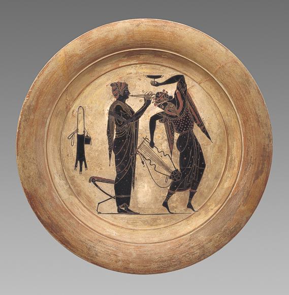 Flötenspielerin und Tänzer, Teller aus Athen, Ton, um 520 v. Chr.