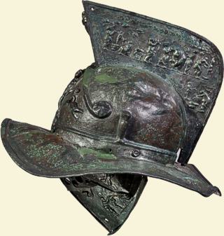 Weltweit gibt es kaum mehr als zehn erhaltene Gladiatorenhelme; dieser wurde bei den Ausgrabungen in Pompeji gefunden (Bronze, 1. Jh. n. Chr.; &copy; Museo Archeologico Nazionale, Neapel)