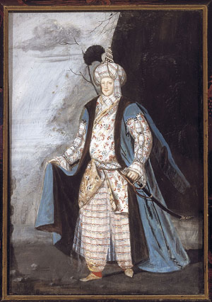 Markgraf Ludwig Wilhelm von Baden-Baden als orientalischer Herrscher. Kostümminiatur aus Schloss Favorite. Foto: ssg