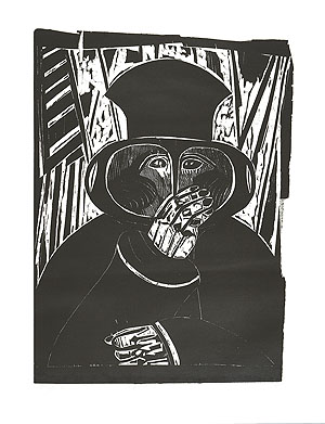 Christoph Meckel, Figur mit Maske, 1961, Holzschnitt, VG Bild-Kunst, Bonn 2021, Foto: Axel Killian