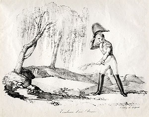 "Das Grab eines Tapferen", Lithographie von Delpeche nach 1821. Der Stich zeigt einen französischen Offizier, der mit einem Lorbeerzweig in der Hand zum Grab Napoleons I. geht. Die Lage in der Landschaft zeigt eindeutig das Grab von Sankt Helena: am Fuße eines Hügels, neben einer Quelle, unter einer Trauerweide. Also genau die (auch) auf Arenenberg kopierte Situierung. Bild: Nepoloenmuseum