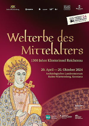 Plakat zur Großen Landesausstellung mit Abbildung der Ecclesia, Cod. Sal. IXb, Petershausener Sakramentar, fol 40v Universitätsbibliothek Heidelberg © Badisches Landesmuseum, Grafik: Danica Schlosser / Abb.: Universitätsbibliothek Heidelberg, Cod. Sal. IXb, Petershausener Sakramentar, fol. 40v 