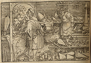 Darstellung eines chaotischen Alchemie-Labors aus der Spottschrift „Von der Artzney bayder Glück, des guten und widerwertgien […]“ des italienischen Dichterfürsten Francesco Petrarcha, Augsburg, 1532. Germanisches Nationalmuseum, Nürnberg