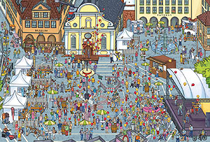 Doppelseite des Wimmelbuchs mit Frankenthaler Motiven