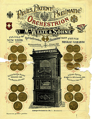 "Werbeblatt „Cottage-Orchestrion No.1“ - „Neues Patent Pneumatic Orchestrion – M. Welte & Söhne“, um 1893.